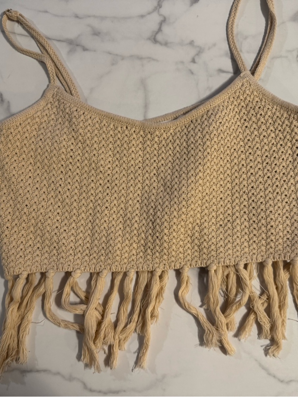 Le Lis Beige Crochet Fringe Crop Top